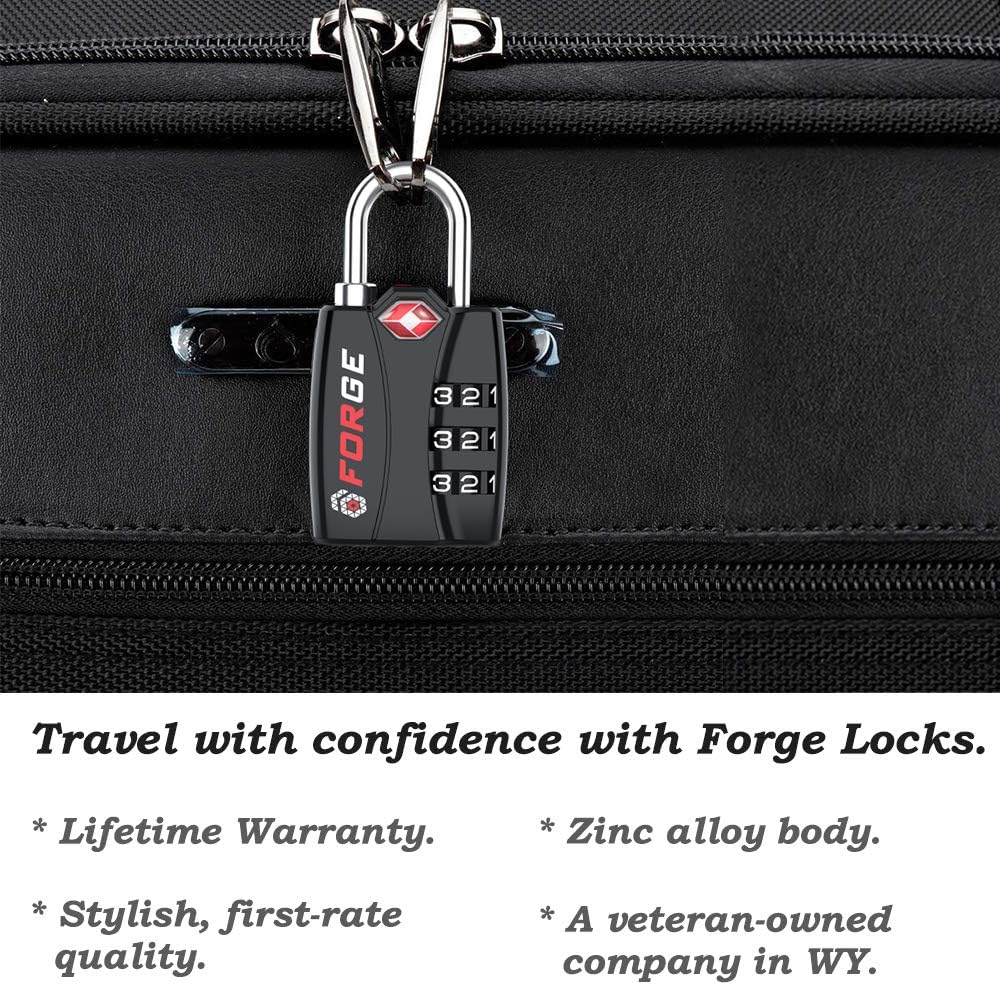  | Forge TSA Luggage Combination Lock - Open Alert Indicator, Easy Read Dials, Alloy Body- Ideal for Travel, Lockers, Bags (Black 4Pk) | Luggage Locks