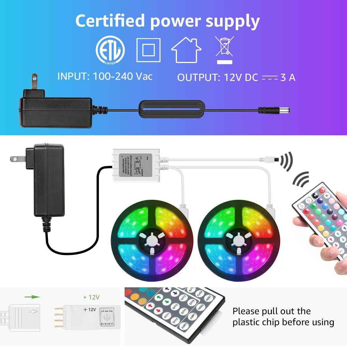 Lepro 50ft LED Strip Lights, Ultra-Long RGB 5050 LED Strips with Remote Controller and Fixing Clips, Color Changing Tape Light with 12V ETL Listed Adapter for Bedroom, Room, Kitchen, Bar(2 X 24.6FT): Home Improvement