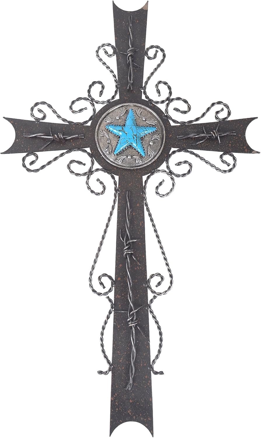 White Deer 22" Large Rusty Iron Western Cowboy Wall Cross Faux Turquoise Lone Star Emblem