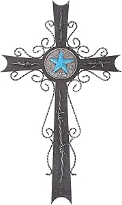 White Deer 22" Large Rusty Iron Western Cowboy Wall Cross Faux Turquoise Lone Star Emblem