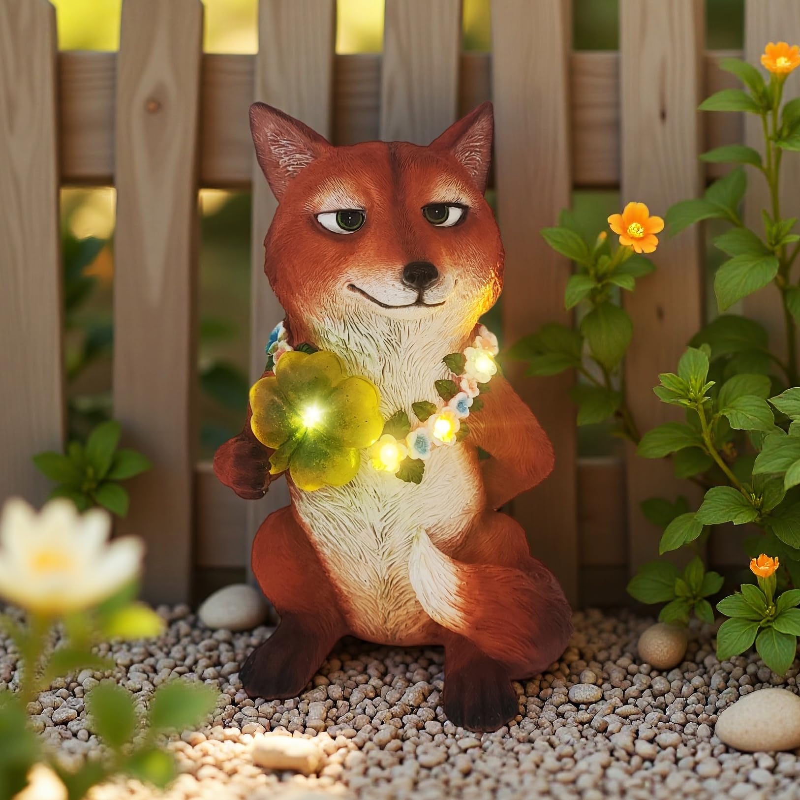 Photo 1 of ***DAMAGED - SEE NOTES/PICTURES*** Solar Fox Garden Statue Nick Inspired 12 Inch, Resin Red Fox Figurine Led Outdoor Decor w/ Shamrock Solar Light, Collectible Garden Guardian Yard Patio Ornaments for Spring St.Pactrick's Day Mom Gifts