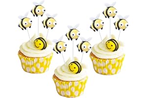 EPHLYN 24Pcs Bumble Bee Cupcake Toppers Little Figurine Bee Cupcake Picks Oh Babee Cake Decorations for Bee Theme Baby Shower Kids Boys Girls Birthday Party Decoration Supplies