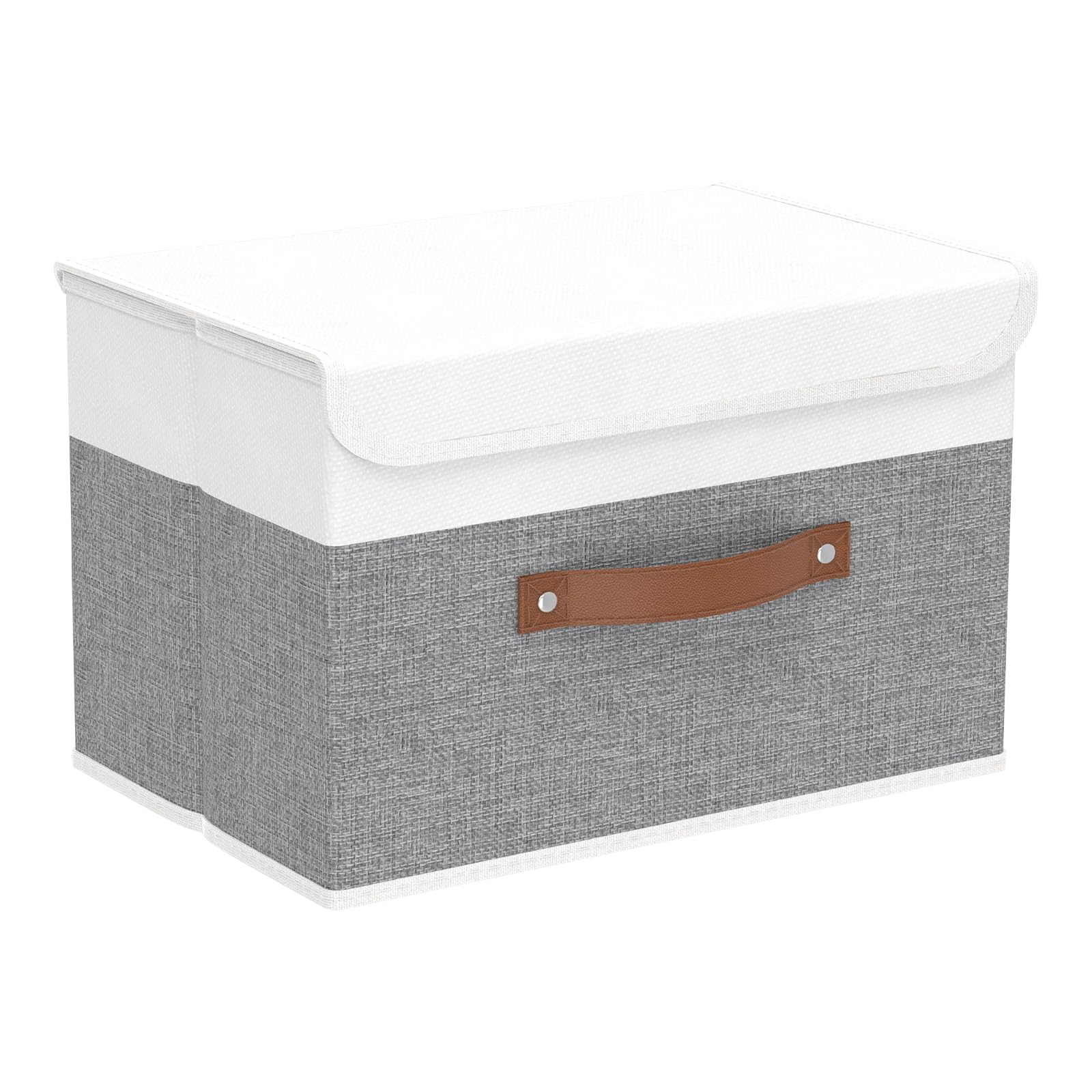 Photo 1 of Yawinhe Storage Boxes with Lids, Linen Fabric Bin, Cube Organizer Basket, Washable and Leather Handle, for Home, Closet, White/Grey, 15.0''Lx9.8''Wx9.8''H, 1-Pack, USNK024WGL-1