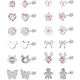 LOFITOR 12 Pairs Hypoallergenic Screw Back Earrings For Women Girls Kids Cute Surgical Steel Earrings Set CZ Star Butterfly 316L Stainless Steel Screwback Flat Back Stud Earring Jewelry Gift