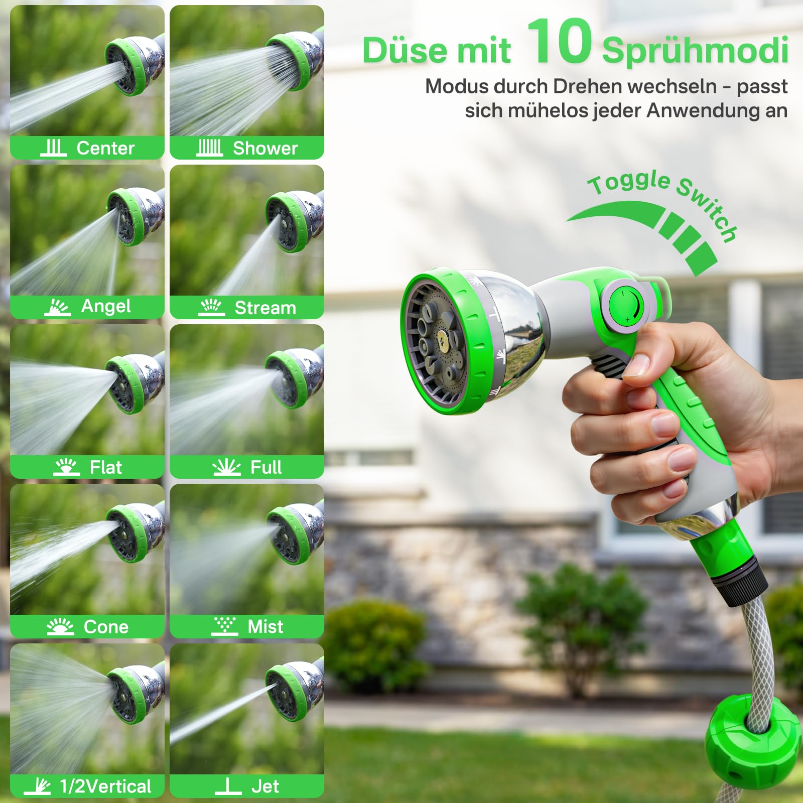 Schlauchtrommel Gartenschlauch Trommel mit 180° Schwenkbarer,Wand-Schlauchbox 10-fach Verstellbarer Düse, Automatischem Rückzugssystem und Arretierung in Jeder Länge für Garten 8