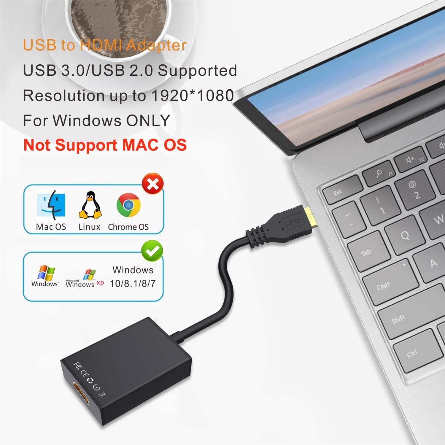 USB to HDMI Adapter,ABLEWE USB 3.0/2.0 to HDMI 1080P Video Graphics Cable Converter with Audio for PC Laptop Projector HDTV Compatible with Windows XP 7/8/8.1/10[MAC OS not Supported]: Computers & Accessories