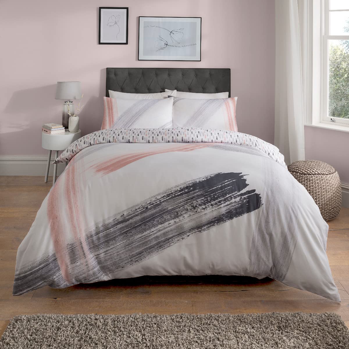 Sleepdown Abstract Brush Strokes White Blush Pink Charcoal Grey Reversible Duvet Cover Quilt and Pillow Cases Bedding Set Soft Easy Care - Super King (220cm x 260cm)