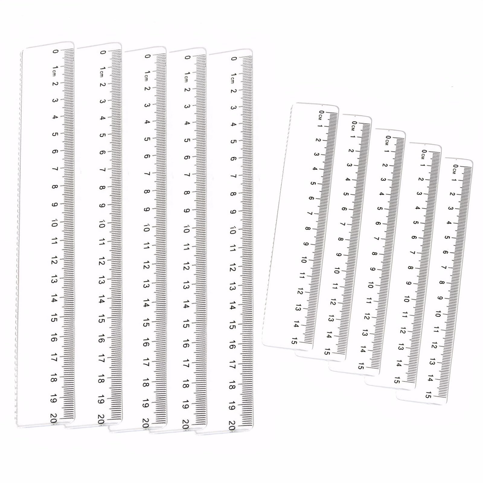 MAEXUS Pack of 10 Rulers, 15 cm & 20 cm, Transparent, Shatterproof, Kids Friendly, Ideal for Schools, Offices & Home