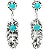 Vintage Silver Turquoise Feather Dangle Earrings for Women, Boho Western Retro Tribal Jewelry, Unique Gift for Bohemian Fashion Lovers