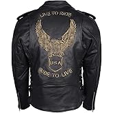 Men's Eagle Embossed Live To Ride - Ride To Live Classic Black Leather Motorcycle Biker Jacket