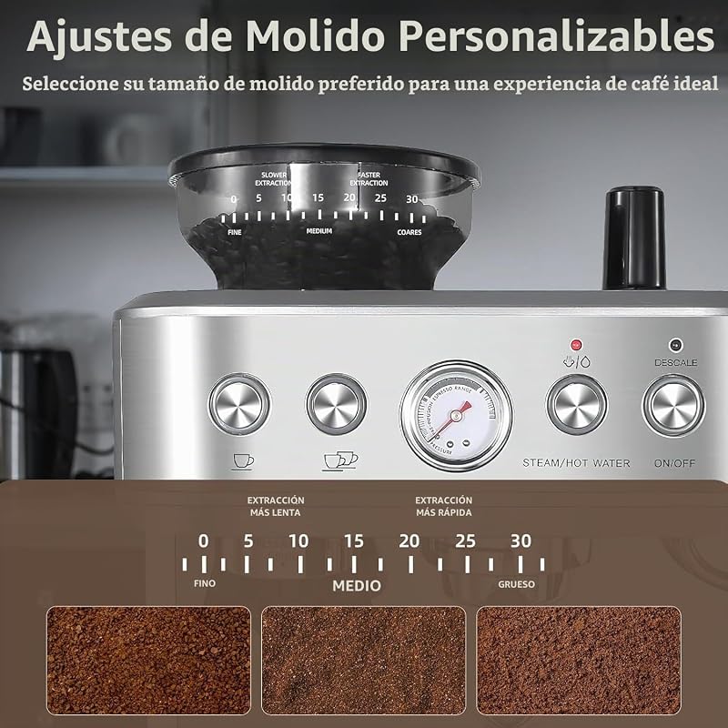 Máquina de café italiana automática com moinho integrado – 15 bares e controlo PID – espresso profissional em casa com bico a vapor, tanque de 2,3L, aço inoxidável, prata