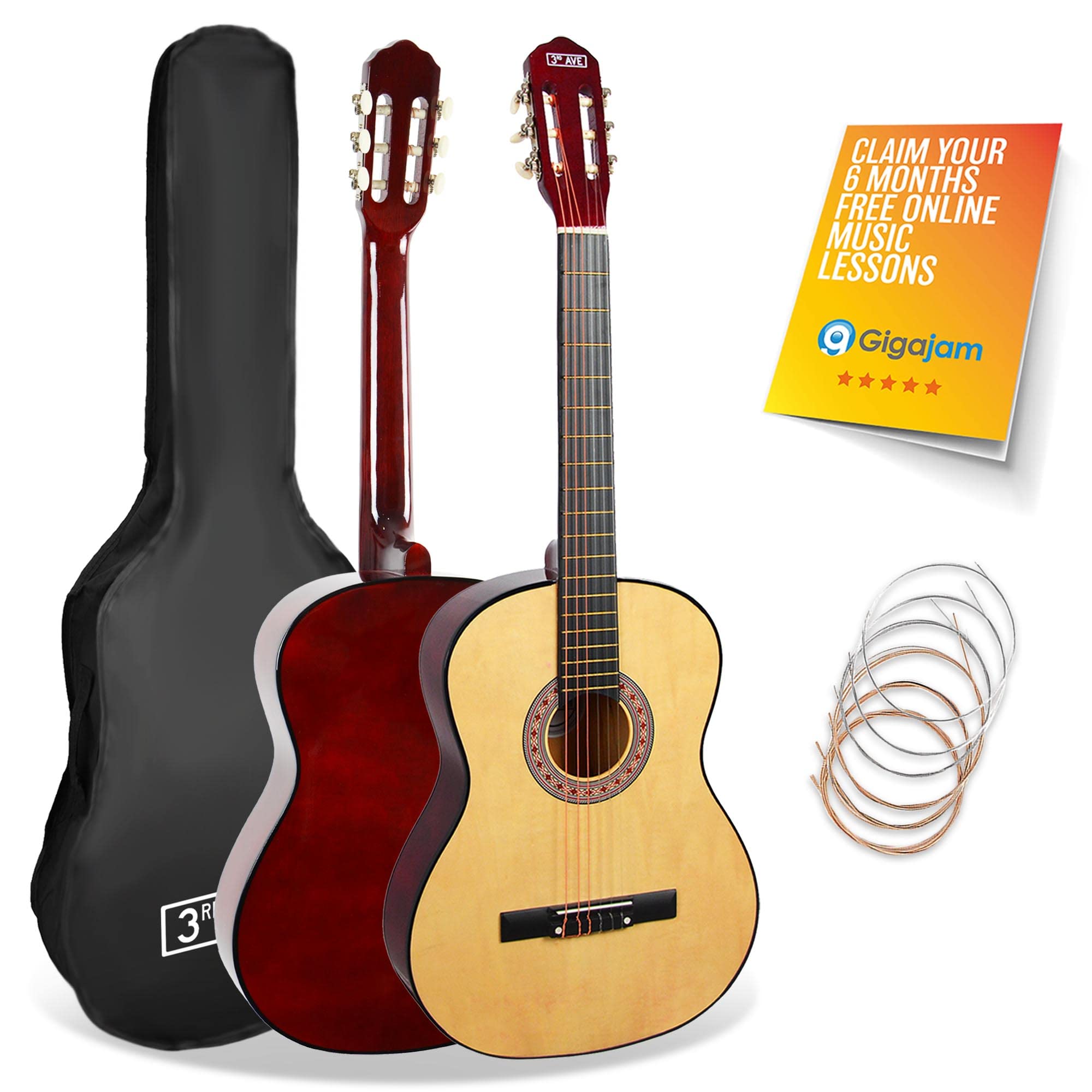 3rd Avenue Full Size 4/4 Classical Guitar Spanish Nylon String Beginner Pack Bundle - 6 Months FREE Lessons, Bag, Strings – Natural