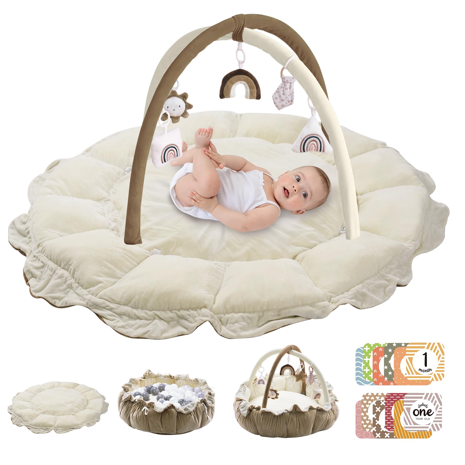 Photo 1 of 5-in-1 Convertible Baby Play Gym with 6 Toys, Tummy Time Mat for Sensory Development, Baby Activity Center from Newborn to Toddler, Ball Pit, Cat & Dog Bed, Soft Plush Pet Bed, No Ball Included Brown