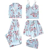 Escalier Womens 5pcs Silk Satin Pajama Set Cami Pjs Sleepwear Button Down Pj Sets Loungewear
