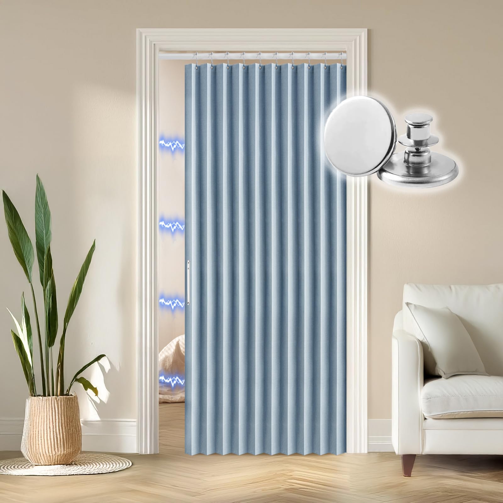 Photo 1 of RINHARTEX Blackout Door Curtain Pleated Magnetic Doorway Curtain Accordion Door Interior Closet Door Curtain Folding Door Room Divider Invisible Applicable Bedroom Room Living Room(52x78,Blue)