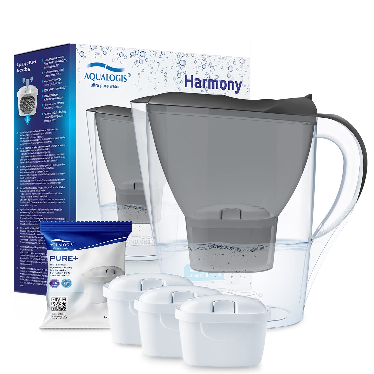Aqualogis Harmony 2.6L Fridge Water Filter Jug for Reduction of Microplastics, Scale, Chlorine, Taste and Odor, BPA Free, (Replacement Filter Model: Pure+) (Grafite + 3 Cartridges)