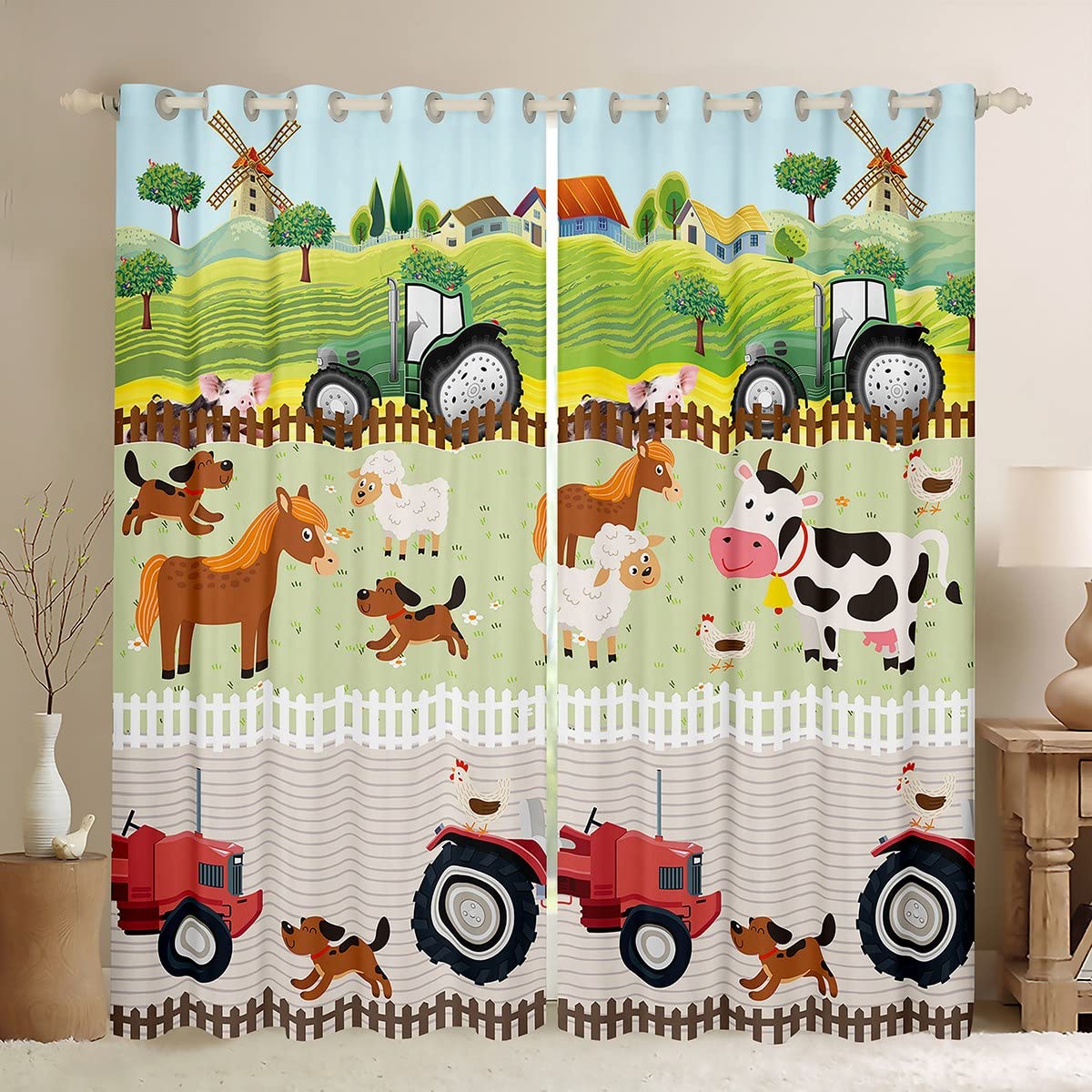 Loussiesd Kids Cartoon Farm Animals Window Curtains for Bedroom Living Room Toddler Cute Tractors Curtain Child Farmhouse Country Window Drapes Colorful Nature Window Treatments,W46*L54