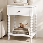 AURELIA LEVEAUX Soft White Nightstand, 25" H, Spindle Legs, Drawer &amp; Shelf | Solid wood bobbin legs and an antique brass-tone knob give this 18.1"W bedside table a soft, refined character