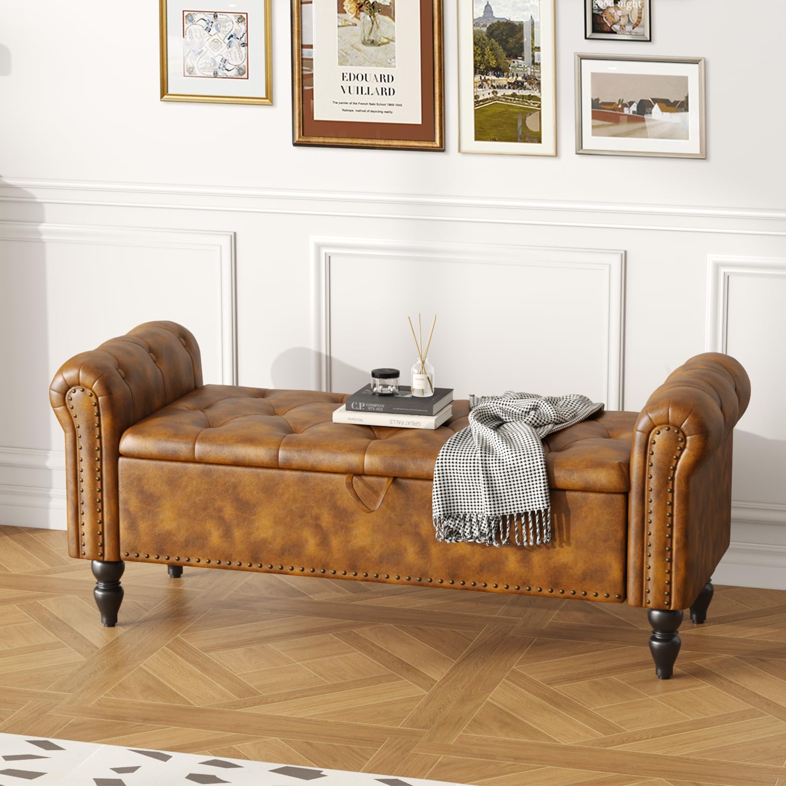 Ckaff Sitzbank mit Stauraum 132cm, Aufbewahrungsbox, Fußbank, Bettbank, Sitztruhe mit Armlehnen aus PU-Kunstleder für Wohnzimmer Schlafzimmer Flur, GelbBraun