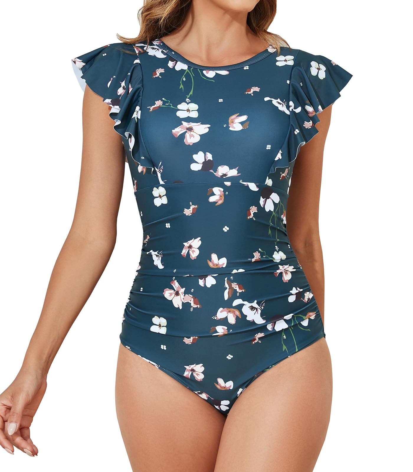 Photo 1 of Smismivo Tummy Control Swimsuits for Women One Piece Bathing Suit High Neck Modest Ruffle Long Torso Ruched Short Cap Flutter Sleeve Swimming Full Coverage Swimwear for Pool (Dark Green Floral) XL