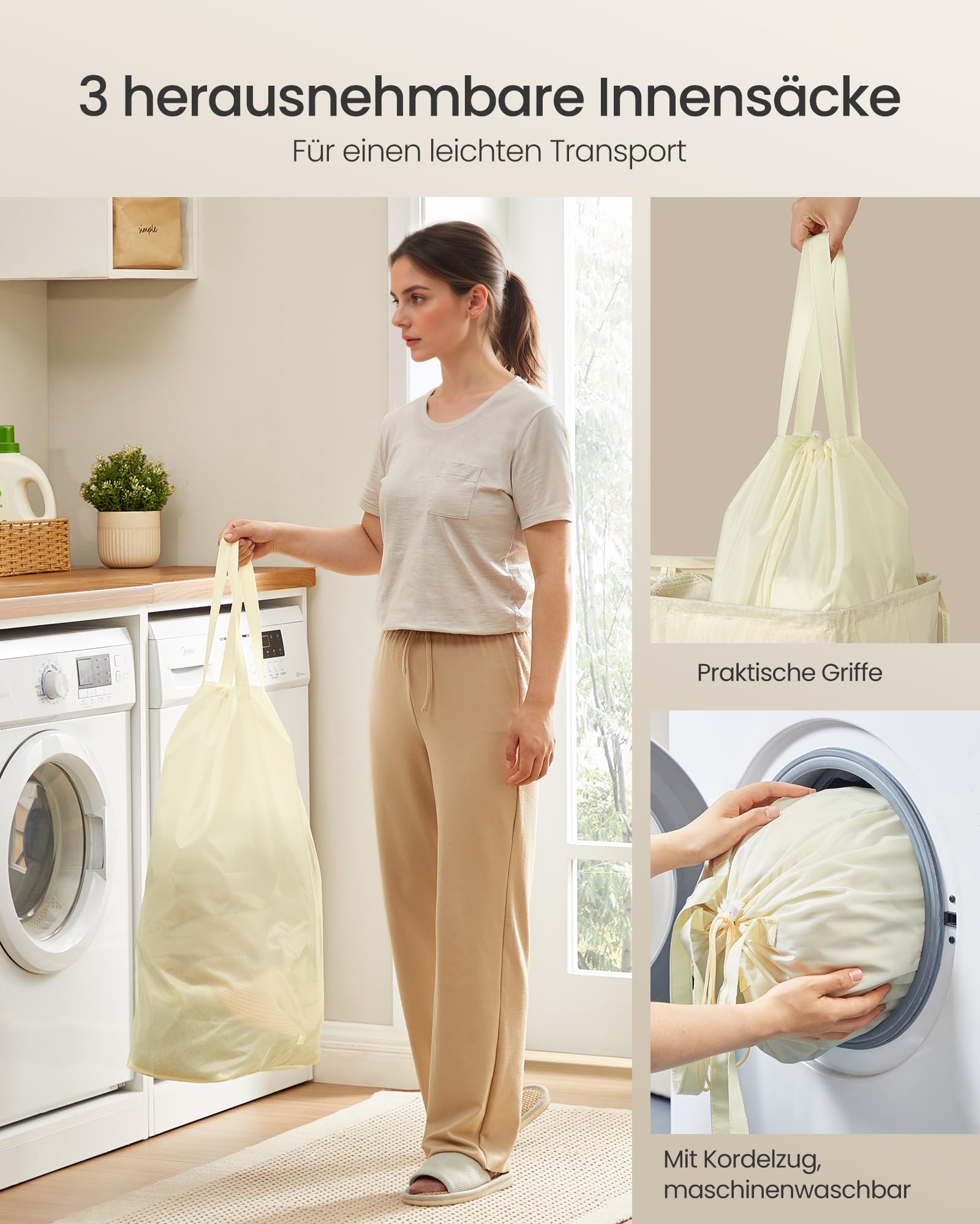 SONGMICS Wäschekorb mit 4 Fächern, 210 L, mit Deckel, 5 Etiketten, herausnehmbarer und waschbarer Innensack, Waschküche Schlafzimmer, dunkelgrau RLH014G01 6