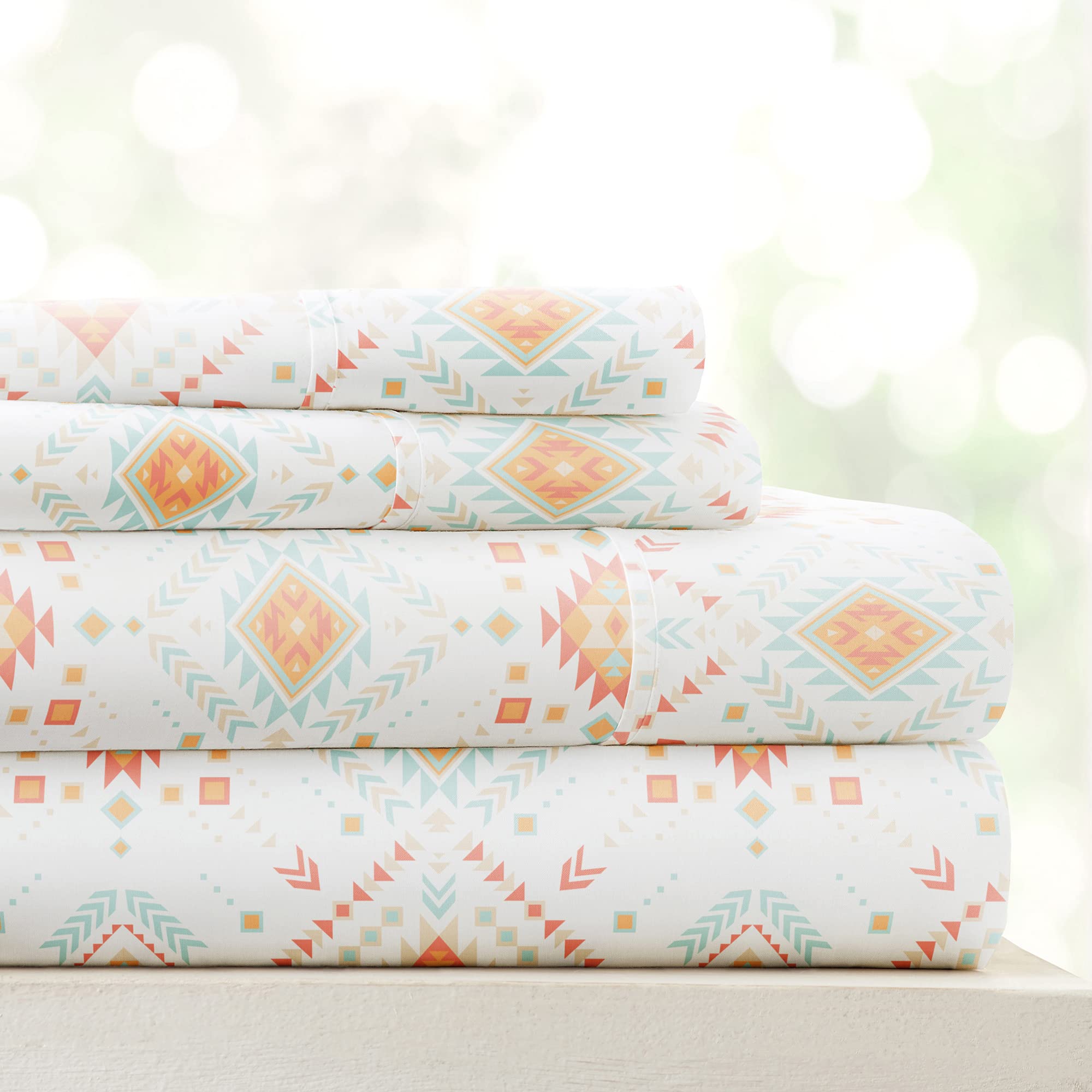 Linen Market Becky Cameron Premium Ultra Soft Aztec Dreams Pattern 4 Piece Bed Sheet Set, California King, Coral