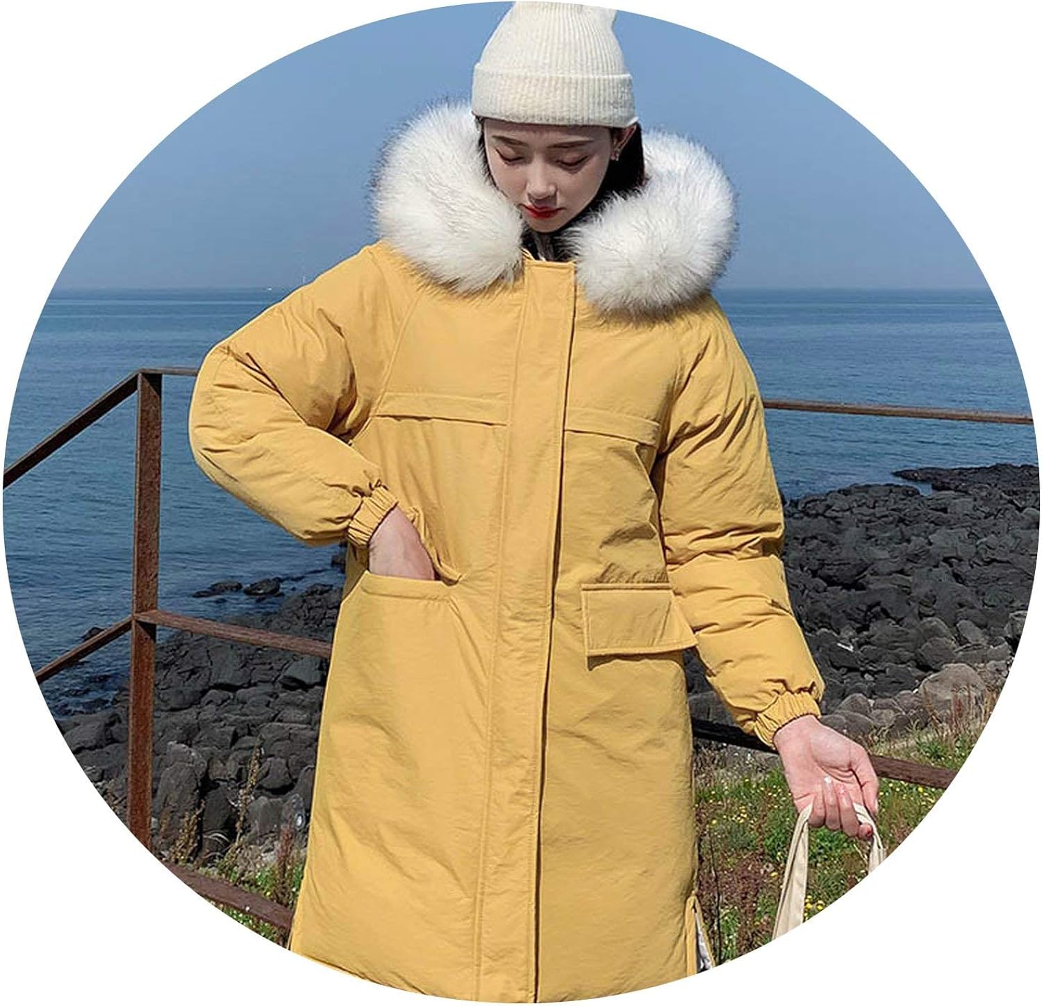 womens mustard coats with big fur hoods