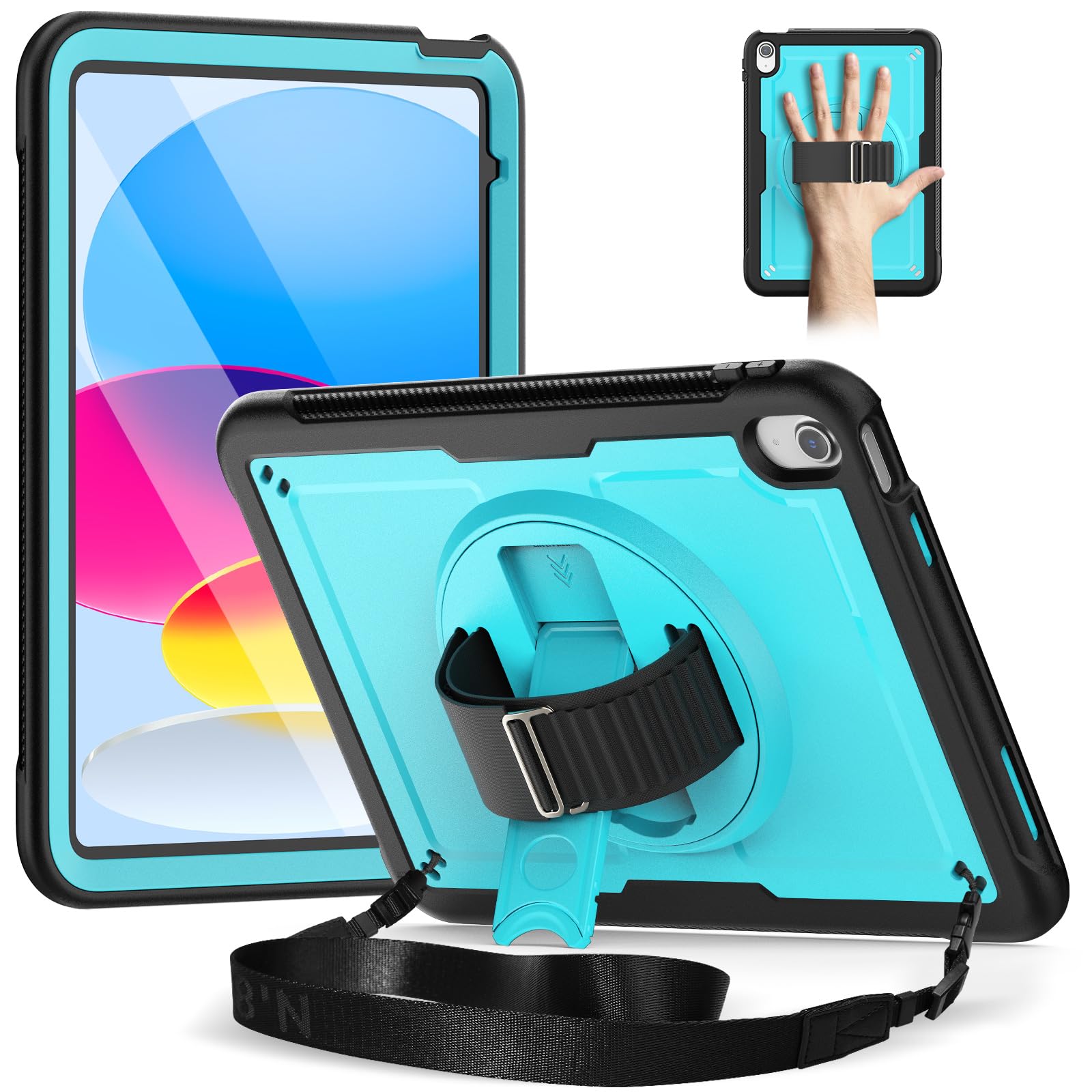 Photo 1 of Timecity Case for iPad 11th/10th Generation 2025/2022: with Screen Protector, 360 Rotating Stand, Hand Strap, Shoulder Strap, Pencil Holder, Full-Body Shockproof Protective Case -SkyBlue+Black