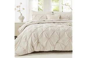 Sasttie Queen Comforter Set, 7-Piece Bed in a Bag, Pintuck Bedding Sets for All Season, Includes Comforter, Flat Sheet, Fitted Sheet, Pillowcases and Pillowshams, Beige