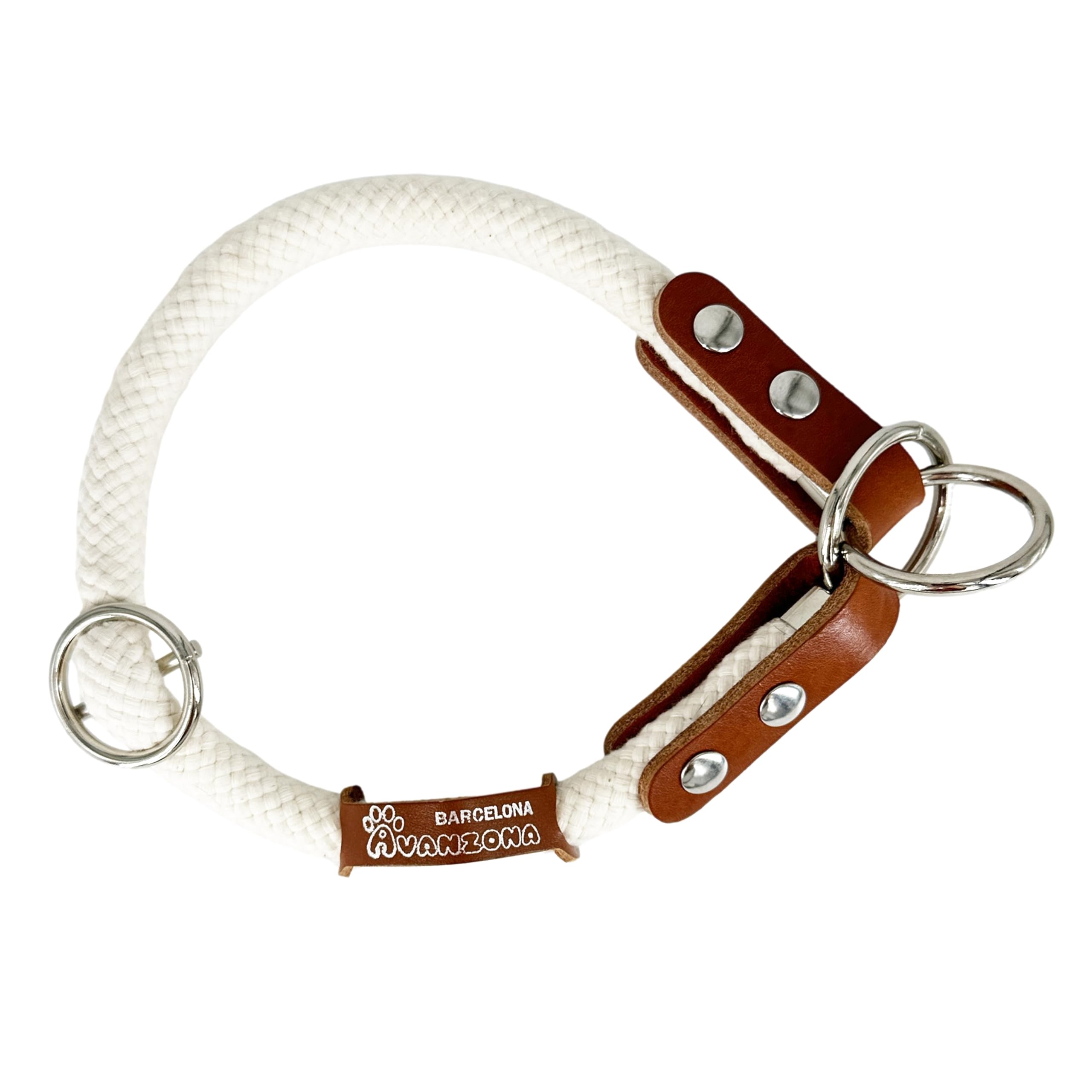 Anti Pull, Dog Collar Martingale, Cotton and Leather. White & Cognac. XXL.