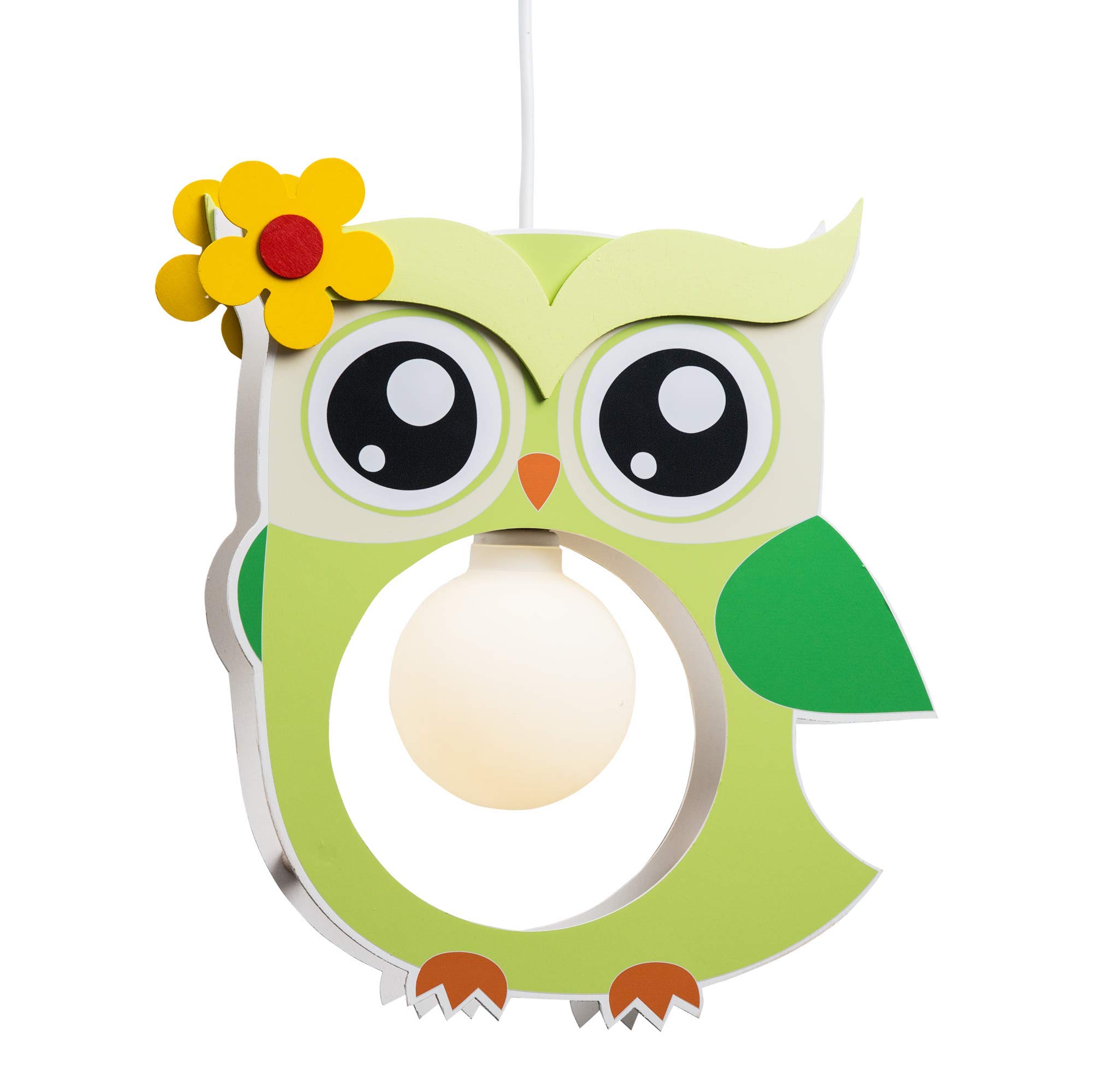 Elobra Wooden Children's Owl Hanging Ceiling Light for Child's Bedroom, A++ Lime Green