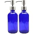 Cornucopia 8oz Cobalt Blue Glass Bottles w/Stainless Steel Pumps (2 pack), Boston Round Bottles for Essential Oils, Lotions a