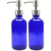 Cornucopia 8oz Cobalt Blue Glass Bottles w/Stainless Steel Pumps (2 pack), Boston Round Bottles for Essential Oils, Lotions a