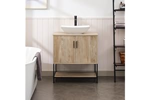 UEV Rustic Oak 30" Bathroom Vanity with Sink,Industrial Iron Frame Bathroom Cabinet Set with Doors & Shelf,with Modern Artistic Ceramic Vessel Sink Combo(032WH)