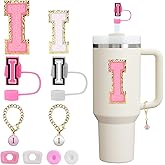 Mity rain 10pcs Set Designed for Stanley Cup Accessories - Including Straw Cover Cap, Letter Charm, Letter Stickers, Tumbler Spill Proof Stoppers for Stanley 40oz/ 30oz Pink Decorations (I)