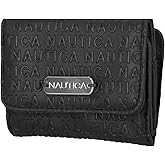 Nautica Rower's End Small Wallet for Women, RFID Blocking Slim Credit Card Holder with Zipper Coin Pocket, Bifold Compact Wallet with ID Window in Black Logo