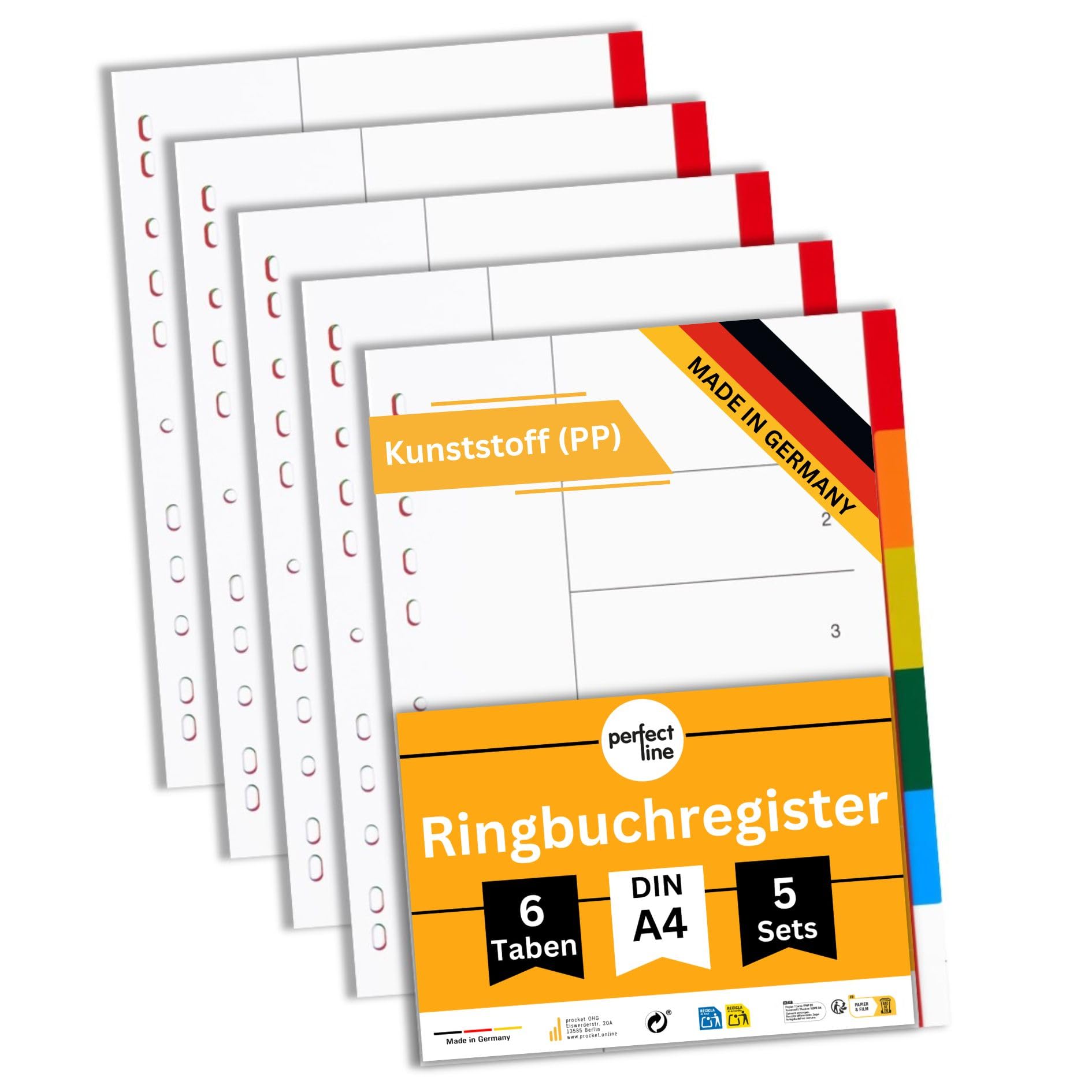 perfect line Plastic File dividers A4, Folder dividers for Lever Arch Files, 6-piece, Set of 5, PP Synthetic, Made in Germany