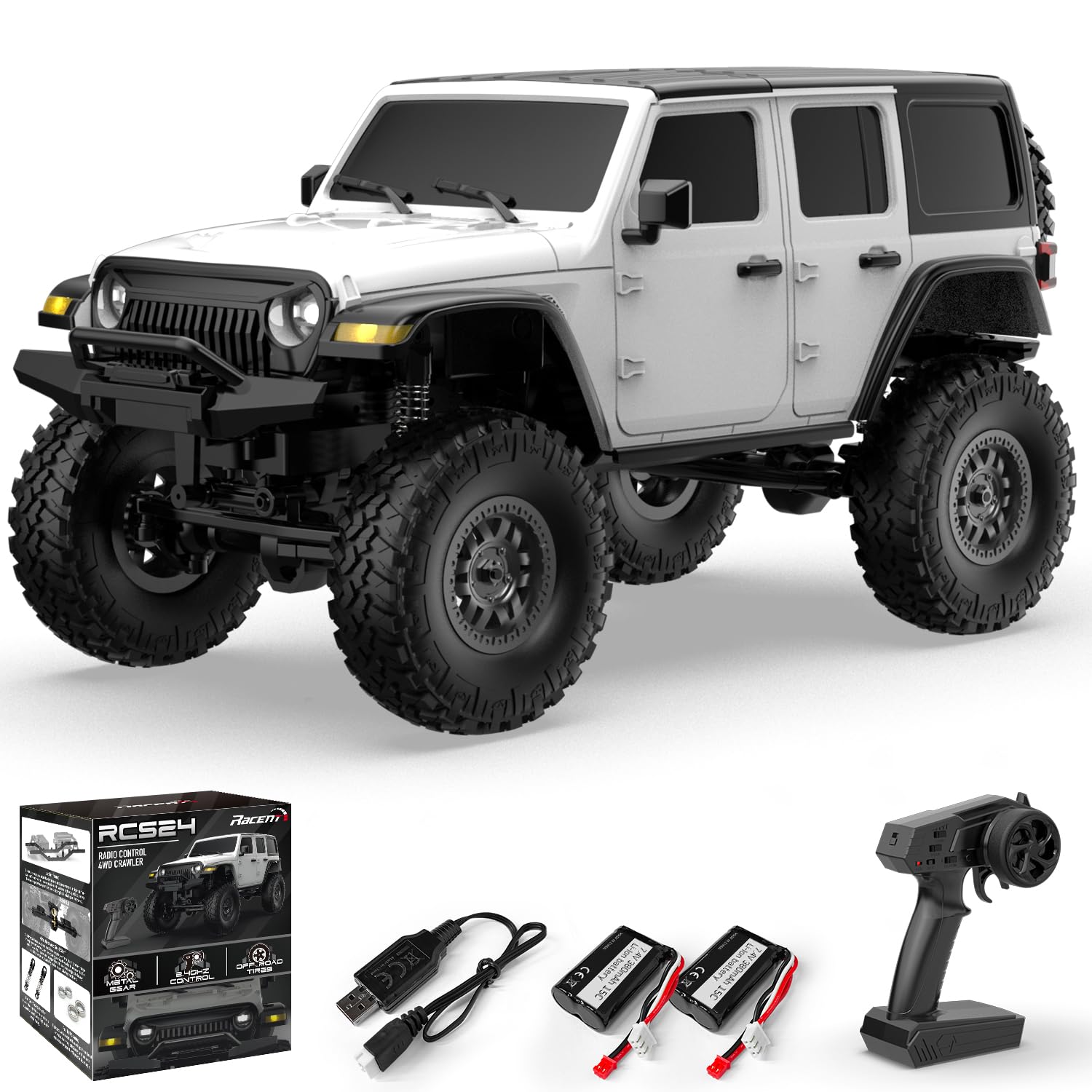 FLYCOLOR RCS24 Off Road 1/24 RC Truck 4x4 Off Road Crawler Climbing Vehicle All Terrain RC Monster Truck Remote Control Car with Bright Headlight 2 Batteries Waterproof Hobby Toy (RTR White)