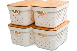 ITYLIFE CITYLIFE Citylife 4 PCS Storage Baskets with Bamboo Lids Plastic Baskets for Organizing Stackable Storage Bins with Handle for Shelves, 10.16 x 6.81 x 5.31 inch
