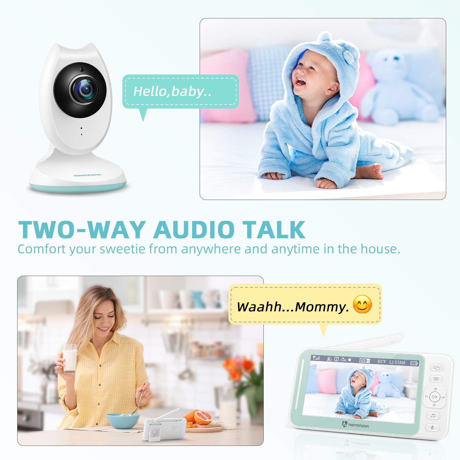 HeimVision Baby Monitor, HM132 Video Baby Monitor with Camera and Audio, 4.3" Split Screen Baby Camera with Night Vision, 2 Way Talk, VOX Mode, 8 Lullabies, Extra Lens and Holder Included : Baby