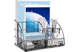 AUPSEN Desk Organizer, Mesh Office Supplies Desk Accessories, Features 5 Compartments + 1 Mini Sliding Drawer(Black)