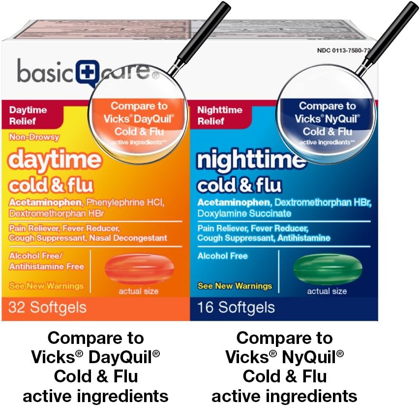  Basic Care Cold & Flu Relief Multi-Symptom Daytime/Nighttime Combo Pack Softgels; Cold Medicine, 48 Count: Health & Personal Care
