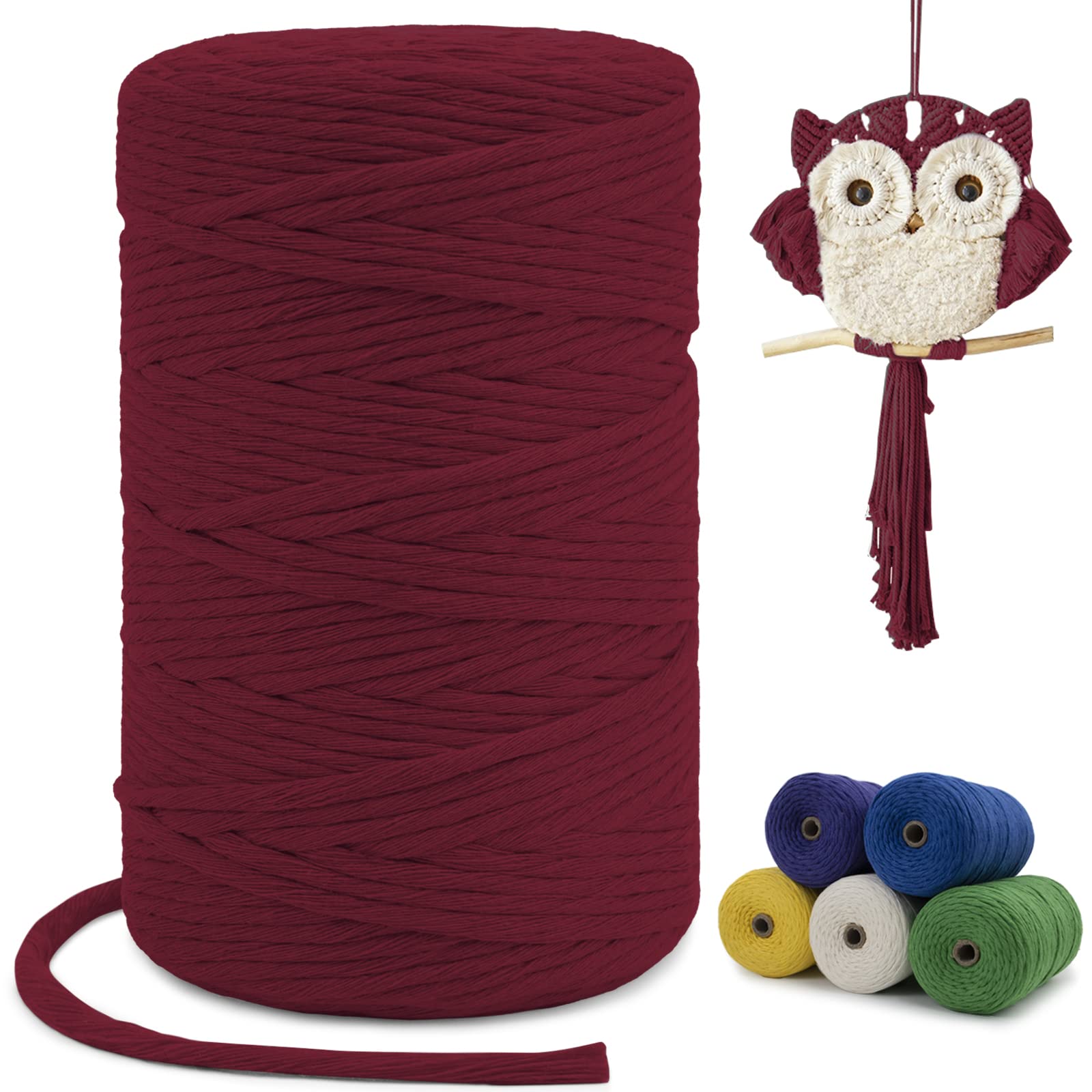 LEREATI Macrame Cord 3mm x 200m, Single Strand Thick Macrame Rope Yarn Natural Cotton Cord, Craft Macrame String for Plant Hanger, Wall Hanging, Knitting, DIY, Home Decorations (Wine Red)