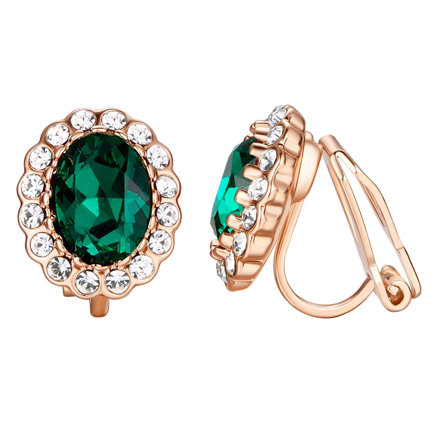 Vogem Green Non Pierced Clip On Earings for Women 18ct Rose Gold Plated Emerald Green Earrings Clip On Green Diamante Earrings for Ladies Cubic Zirconia Non Pierced Clip Earring
