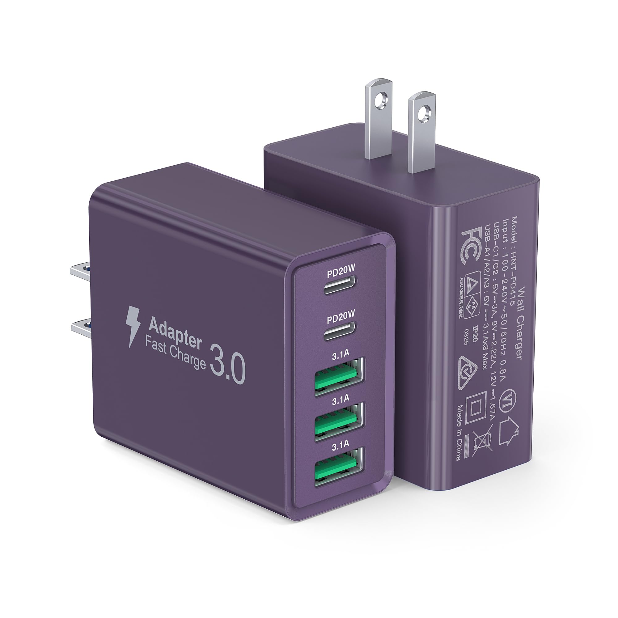 [2-Pack] USB C Wall Charger, 50W Charger Block 5-Port PD Fast Charging Blocks,Multiport 2USB C+3USB A Plug,Type C Power Adapter Brick Cube for iPhone 17/16/15/14/13/Pro,Samsung,for Switch（Purple）