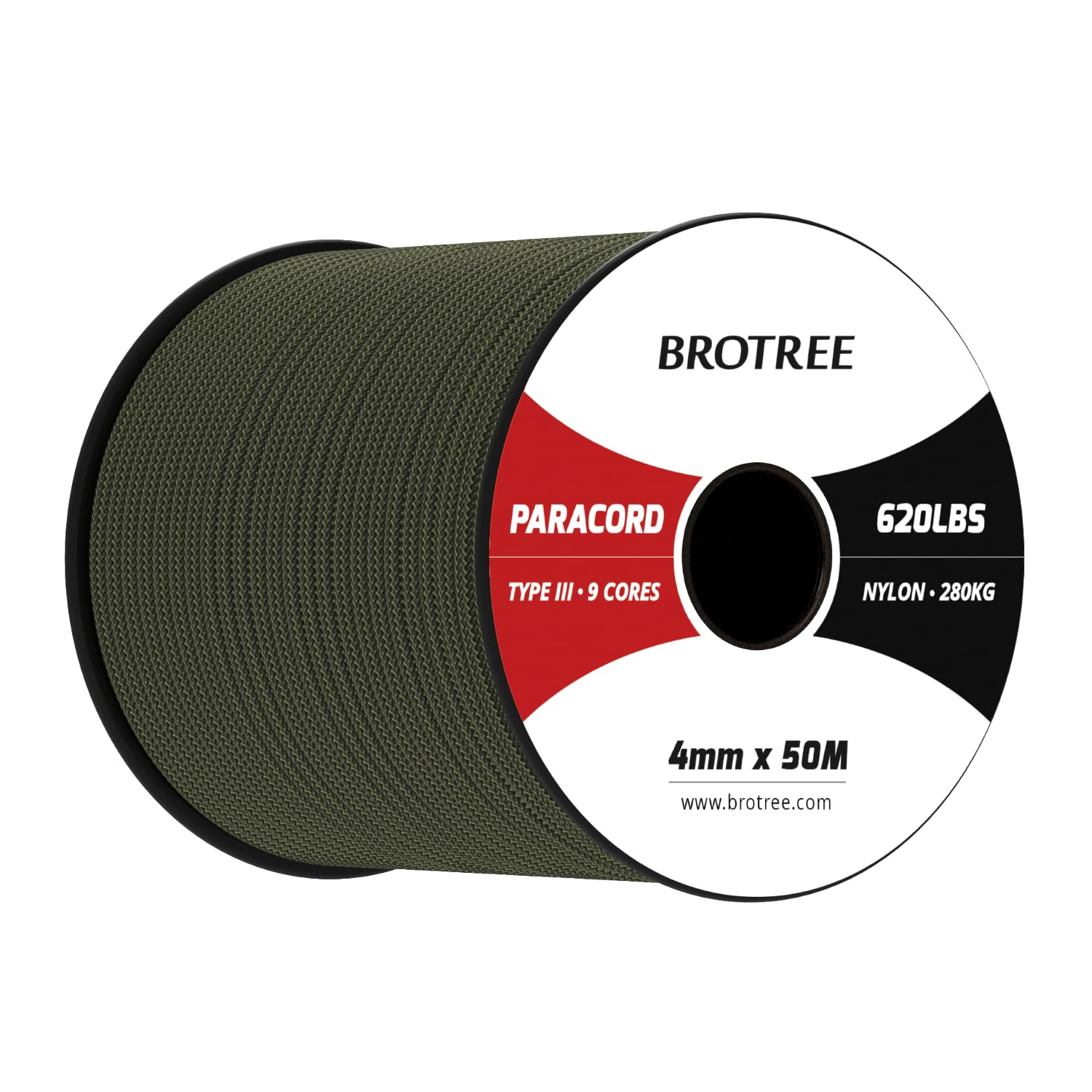Brotree Paracord 4mm 50M 9 Strands 100% Nylon Rope Type 3 Parachute Cord for Outdoor, Bracelet, DIY - 280kg Breaking Load (Army Green)
