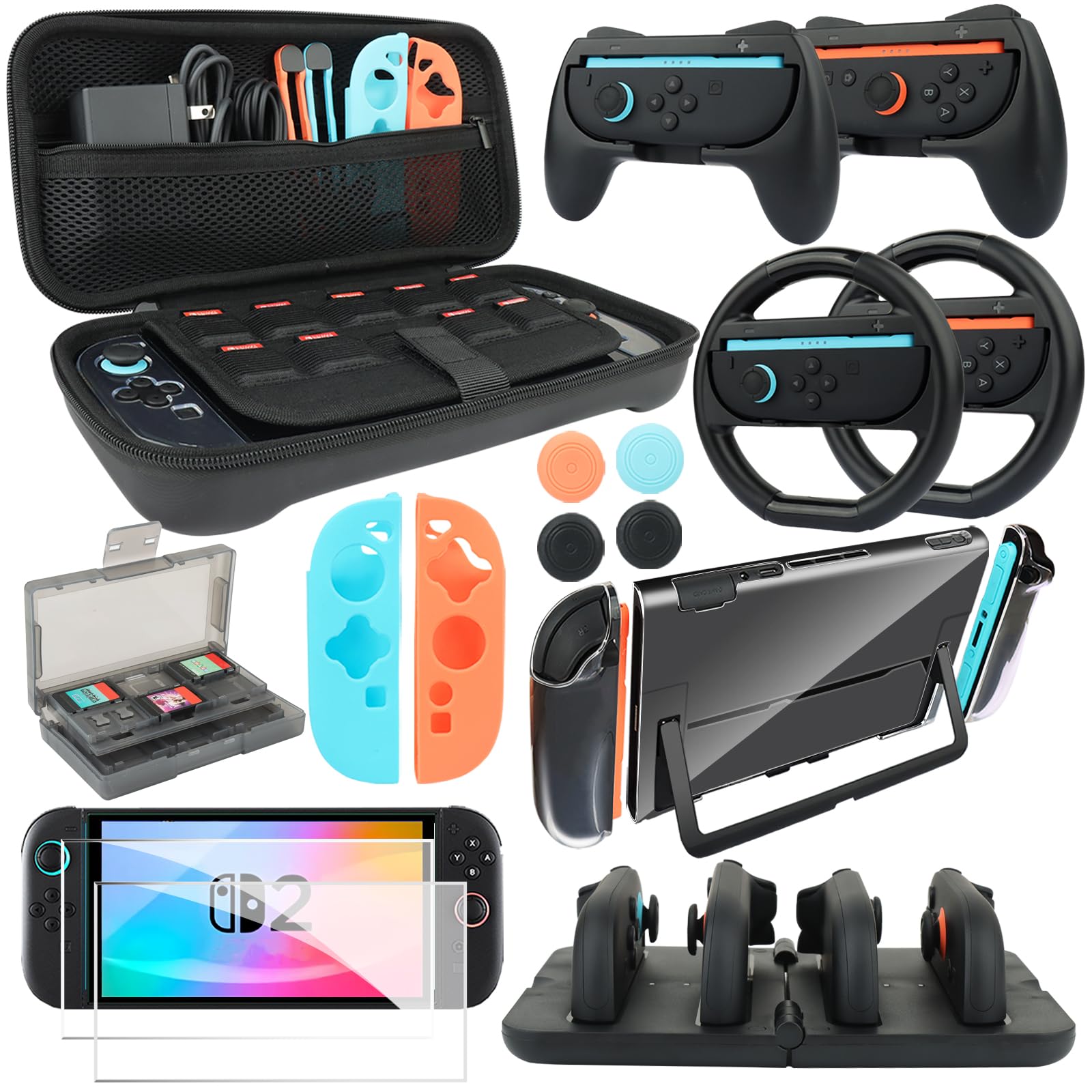 Switch 2 Accessories - 16 in 1 Family Accessory Bundle Kit for Nintendo Switch Carrying Case&Tempered Glass Protector,Joy Con Charger, Gaming Steering Wheels, Grips and More
