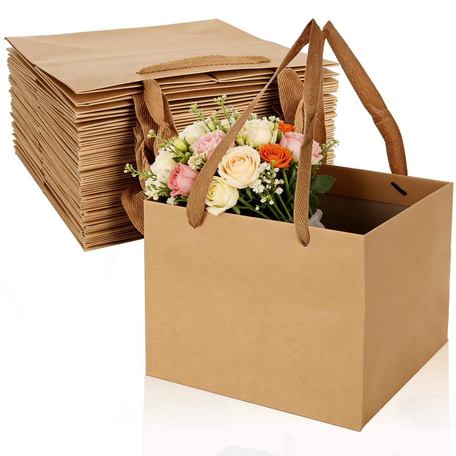 LOLYSIC 20 Pack Kraft Paper Bags for Gift - 20x20x20cm Recycled Square Paper Bags with Handles, Eco-Friendly Retail Carrier Bag for Christmas Birthday Wedding Party Favors Flower Presents (Brown)