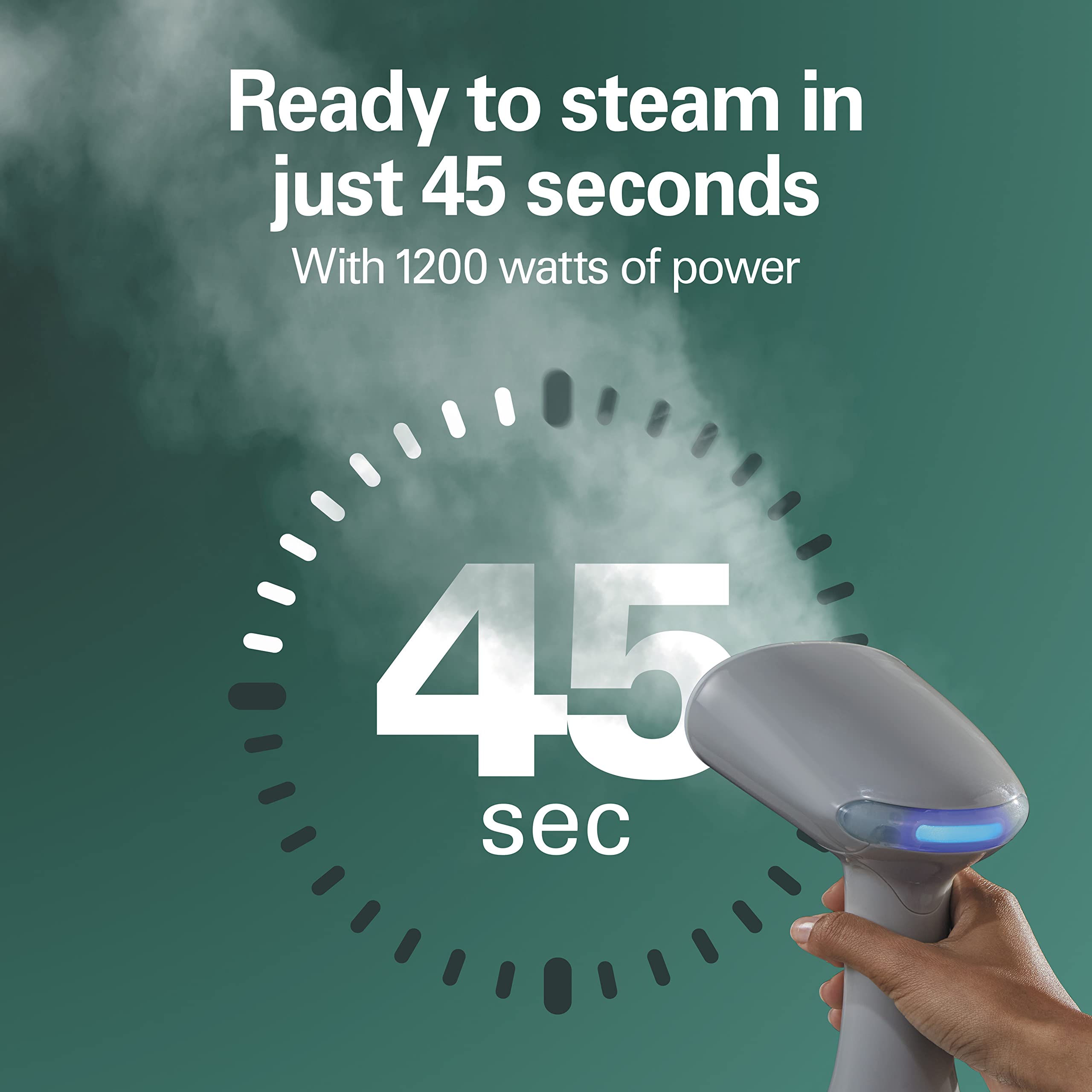 Hamilton Beach Handheld Garment Steamer for Clothes, Fabric and Drapes,1200 Watts, 400ml Water Tank, 20 Minutes of Continuous Steam, Vacation Essentials, Gray & Blue (11557)