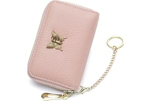 imeetu RFID Credit Card Holder for Women Genuine Leather Card Case Wallet with Zipper and Removable Keychain (Pink)